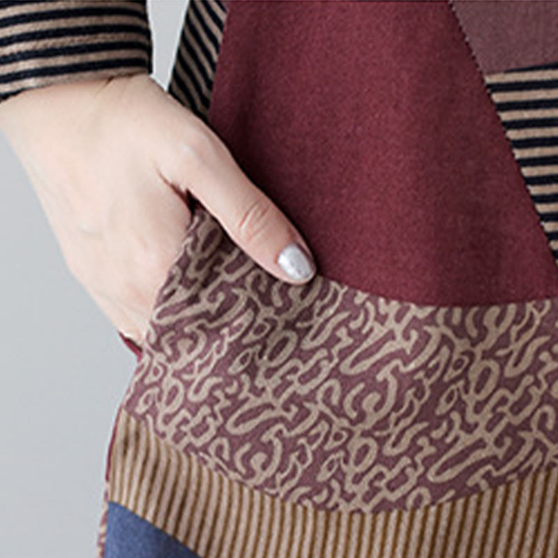 Buddha Stones Ethnic Printing Striped Pattern Langarm-Midikleid aus Baumwolle und Leinen mit Taschen - image 12