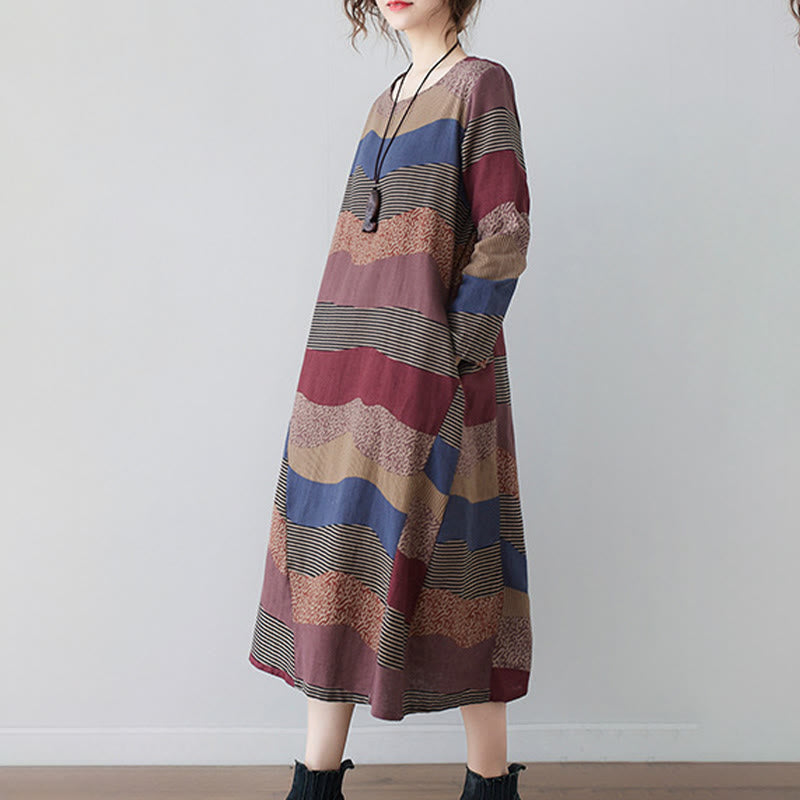 Buddha Stones Ethnic Printing Striped Pattern Langarm-Midikleid aus Baumwolle und Leinen mit Taschen - image 7