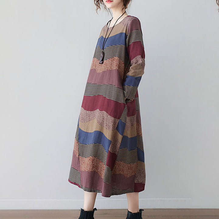 Buddha Stones Ethnic Printing Striped Pattern Langarm-Midikleid aus Baumwolle und Leinen mit Taschen - image 7