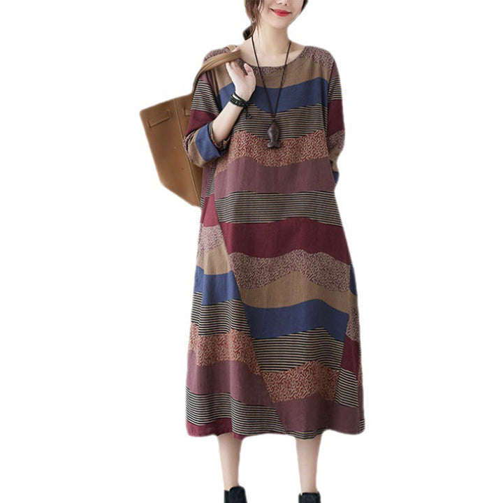 Buddha Stones Ethnic Printing Striped Pattern Langarm-Midikleid aus Baumwolle und Leinen mit Taschen - image 14