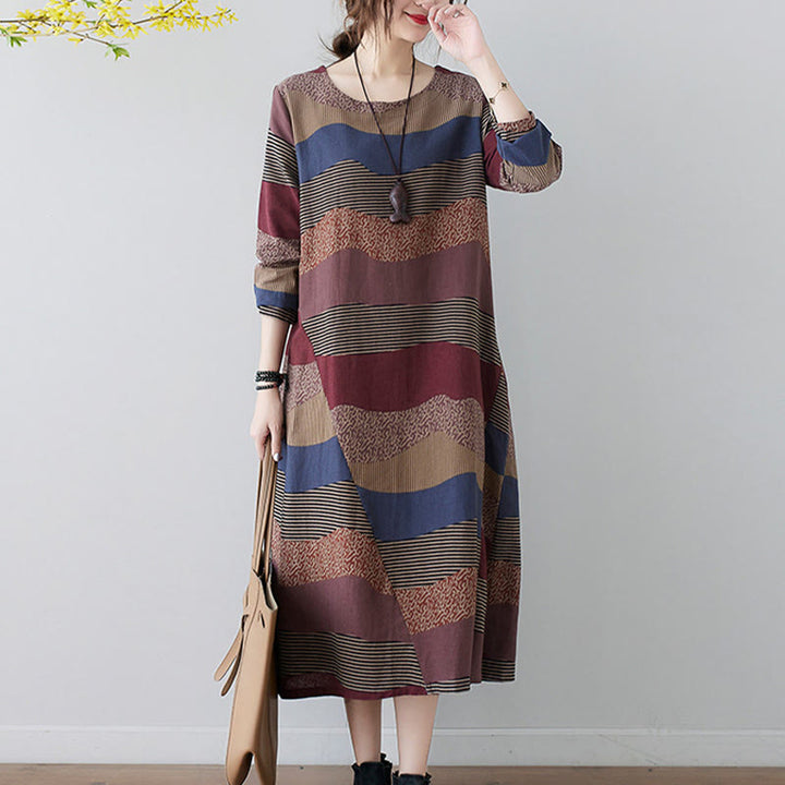 Buddha Stones Ethnic Printing Striped Pattern Langarm-Midikleid aus Baumwolle und Leinen mit Taschen - image 9