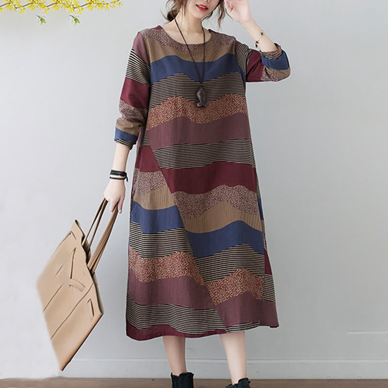 Buddha Stones Ethnic Printing Striped Pattern Langarm-Midikleid aus Baumwolle und Leinen mit Taschen - image 3