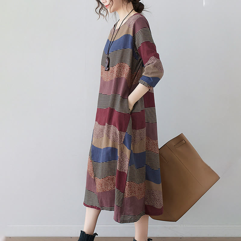 Buddha Stones Ethnic Printing Striped Pattern Langarm-Midikleid aus Baumwolle und Leinen mit Taschen - image 5