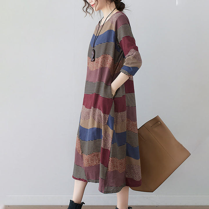 Buddha Stones Ethnic Printing Striped Pattern Langarm-Midikleid aus Baumwolle und Leinen mit Taschen - image 5