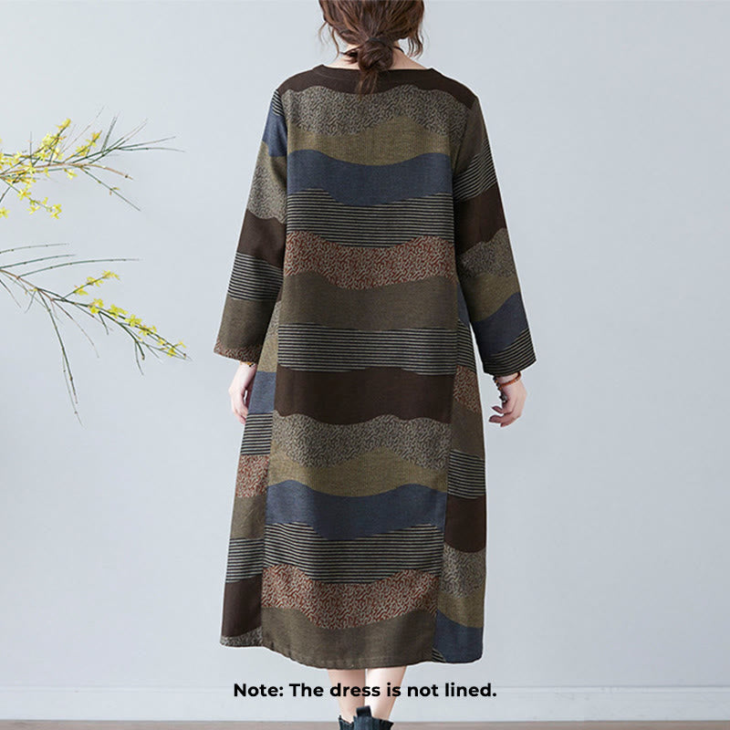 Buddha Stones Ethnic Printing Striped Pattern Langarm-Midikleid aus Baumwolle und Leinen mit Taschen - image 16