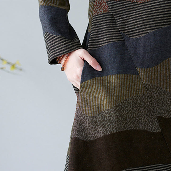 Buddha Stones Ethnic Printing Striped Pattern Langarm-Midikleid aus Baumwolle und Leinen mit Taschen - image 26