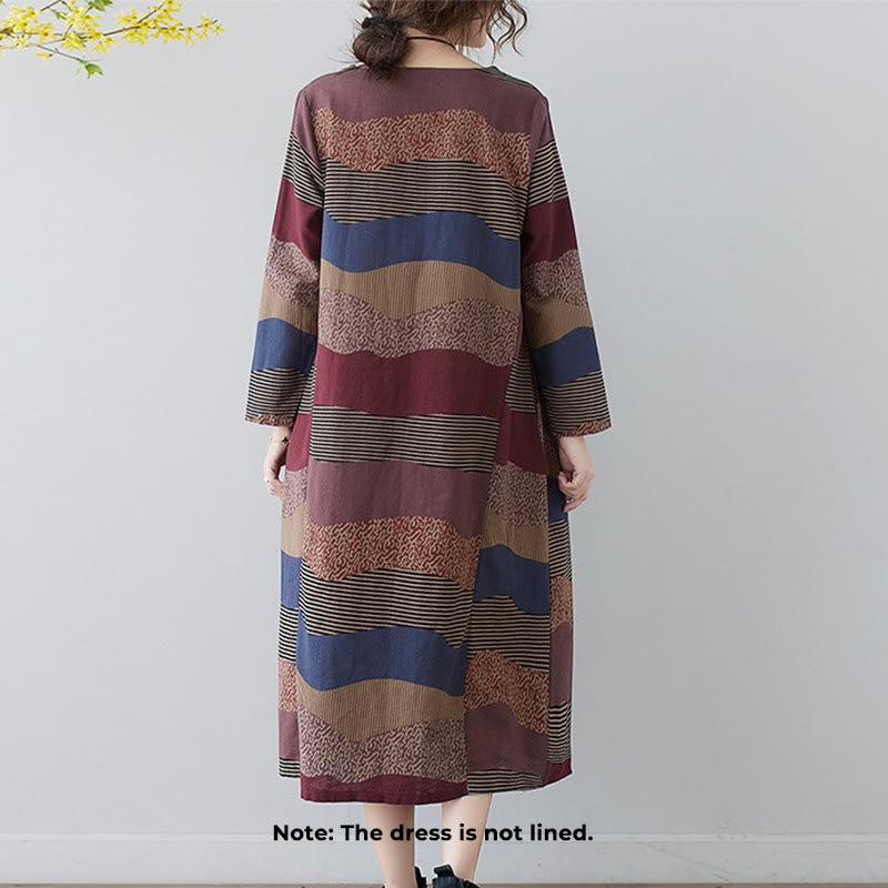 Buddha Stones Ethnic Printing Striped Pattern Langarm-Midikleid aus Baumwolle und Leinen mit Taschen - image 2