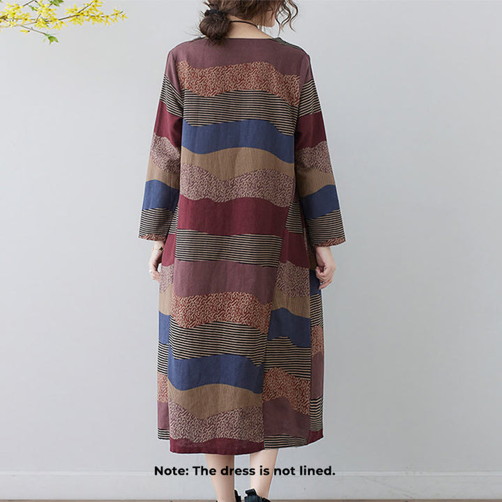 Buddha Stones Ethnic Printing Striped Pattern Langarm-Midikleid aus Baumwolle und Leinen mit Taschen - image 2