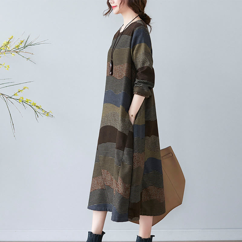 Buddha Stones Ethnic Printing Striped Pattern Langarm-Midikleid aus Baumwolle und Leinen mit Taschen - image 21