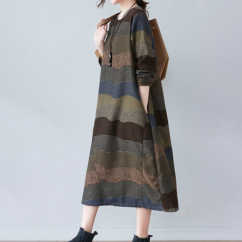 Buddha Stones Ethnic Printing Striped Pattern Langarm-Midikleid aus Baumwolle und Leinen mit Taschen - image 19