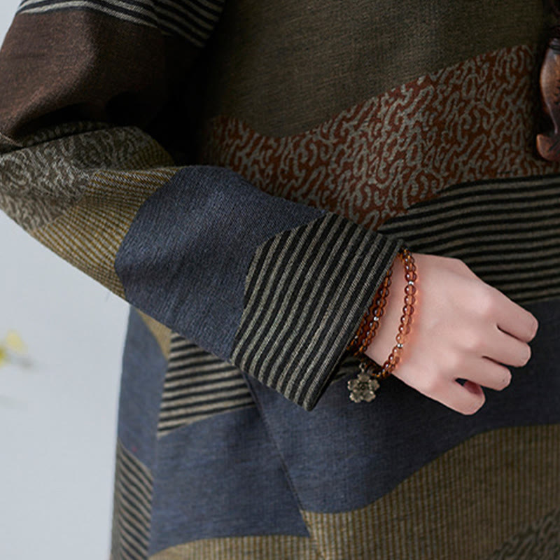 Buddha Stones Ethnic Printing Striped Pattern Langarm-Midikleid aus Baumwolle und Leinen mit Taschen - image 25