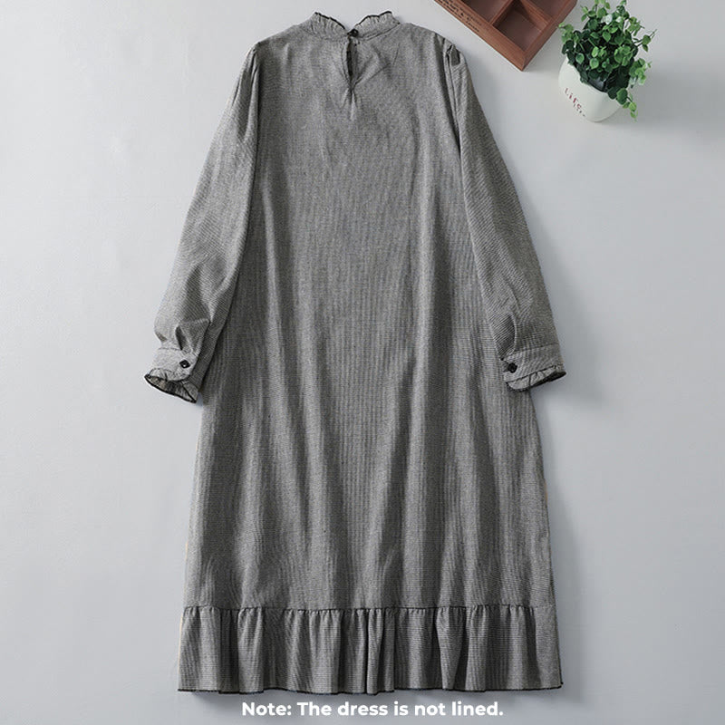 Buddha Stones – Kariertes, plissiertes Rüschendesign, langärmliges Midikleid aus Baumwolle mit Taschen - image 1