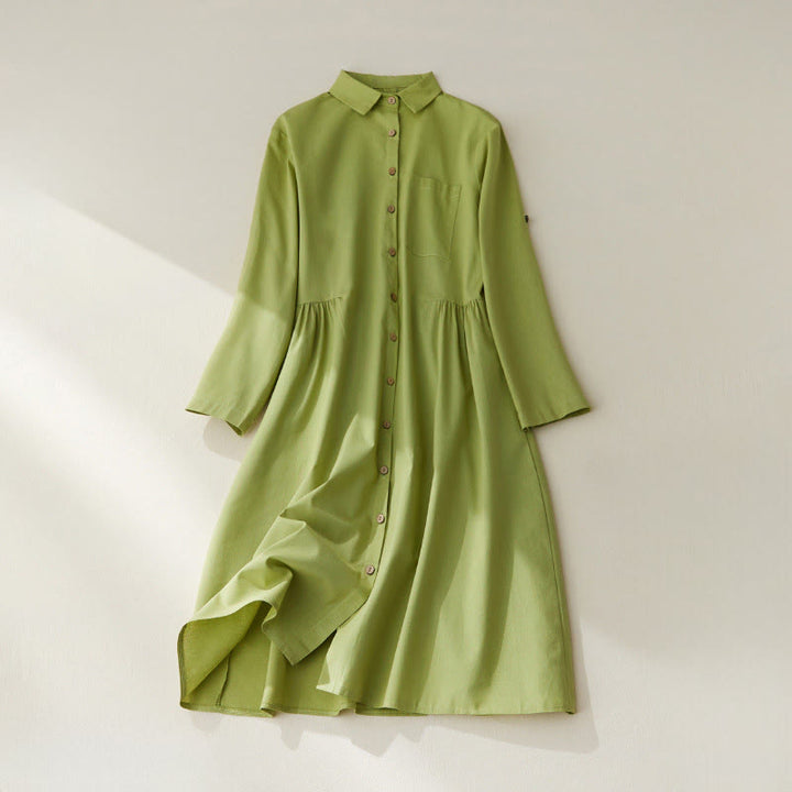 Buddha Stones – Lässiges, schlichtes Midikleid aus Baumwolle mit Knöpfen und Taschen - GelbGrün - US8-10， UK/AU12-14，EU40-42 (2XL) - image 0