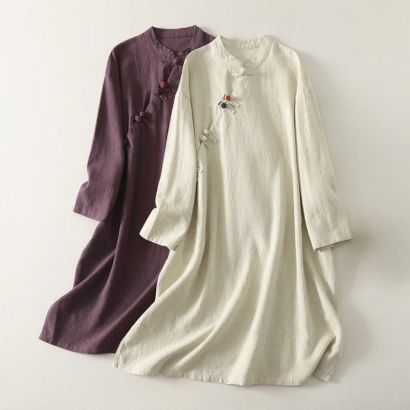 Buddha Stones Spring Diagonalverschluss Froschknöpfe Design Langarm-Midikleid aus Baumwolle - image 0