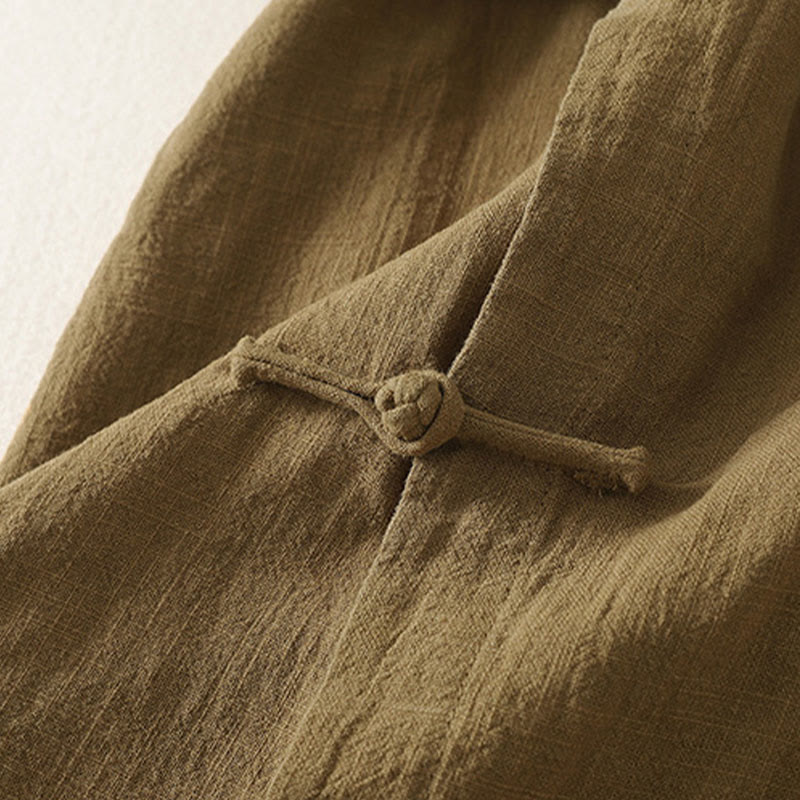 Buddha Stones Vintage-Midikleid aus Baumwolle und Leinen mit einfarbigen Froschknöpfen und asymmetrischem Design, langärmelig - image 4