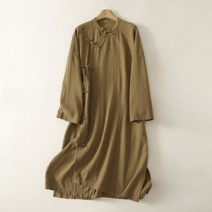 Buddha Stones Vintage-Midikleid aus Baumwolle und Leinen mit einfarbigen Froschknöpfen und asymmetrischem Design, langärmelig - Dunkelgoldenrod - US12, UK/AU16, EU44 (2XL) - image 1