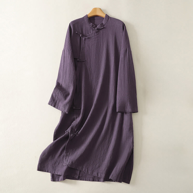 Buddha Stones Vintage-Midikleid aus Baumwolle und Leinen mit einfarbigen Froschknöpfen und asymmetrischem Design, langärmelig - Lila - US12， UK/AU16，EU44 (2XL) - image 6