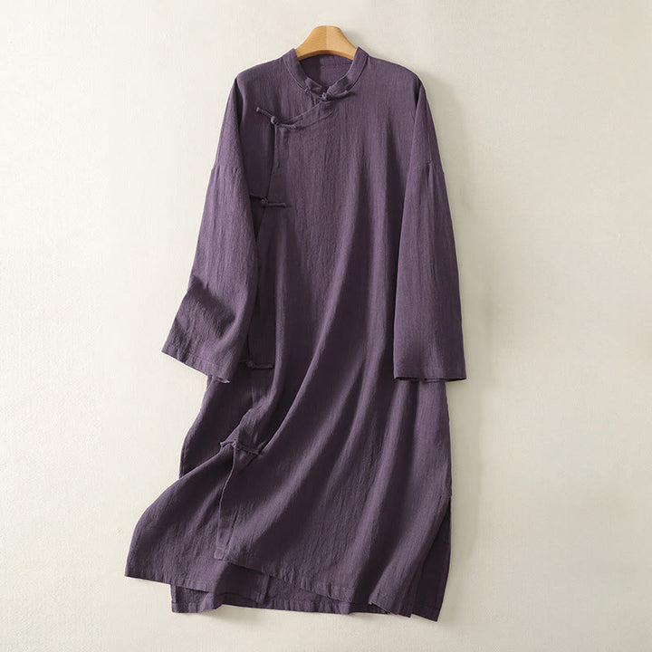Buddha Stones Vintage-Midikleid aus Baumwolle und Leinen mit einfarbigen Froschknöpfen und asymmetrischem Design, langärmelig - Lila - US12， UK/AU16，EU44 (2XL) - image 6