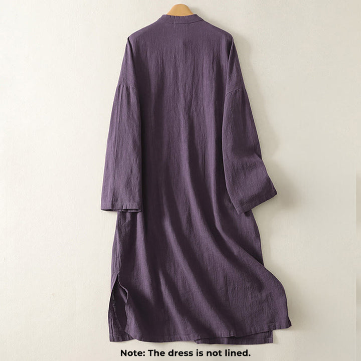 Buddha Stones Vintage-Midikleid aus Baumwolle und Leinen mit einfarbigen Froschknöpfen und asymmetrischem Design, langärmelig - image 7