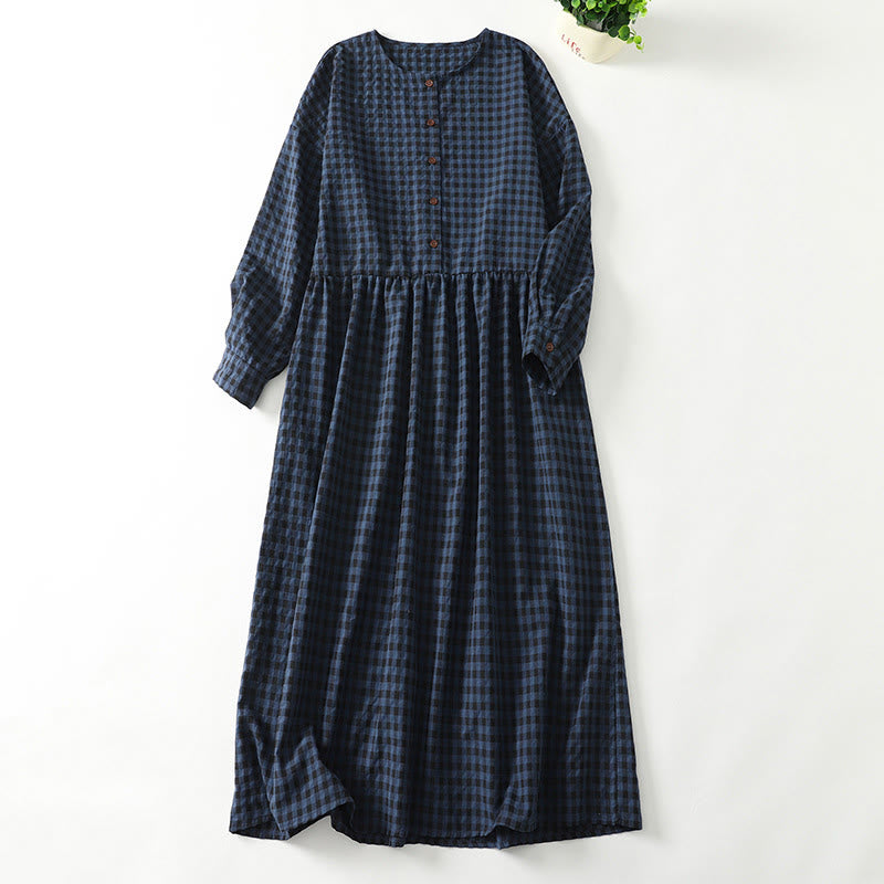 Buddha Stones – Retro-Midikleid aus Baumwolle und Leinen mit kontrastierenden Farben, Karomuster und Puffärmeln und Taschen - Dunkelblau - US8-10， UK/AU12-14，EU40-42 (2XL) - image 0