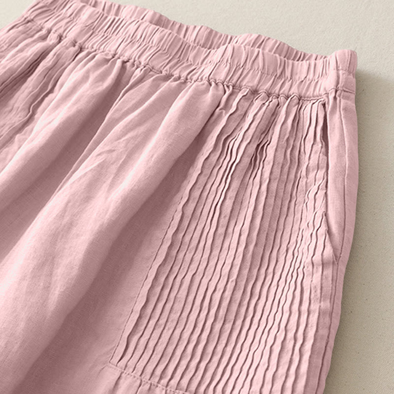 Buddha Stones Lässige, schlichte Tucker-Falten, elastische Damen-Polyesterhose mit weitem Bein und Taschen - image 2