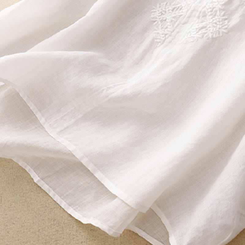 Buddha Stones V-Ausschnitt Linien Stickerei Damen Halbarm Shirt - image 18