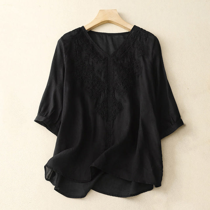 Buddha Stones V-Ausschnitt Linien Stickerei Damen Halbarm Shirt - Schwarz - US12， UK/AU16，EU44 (2XL) - image 12