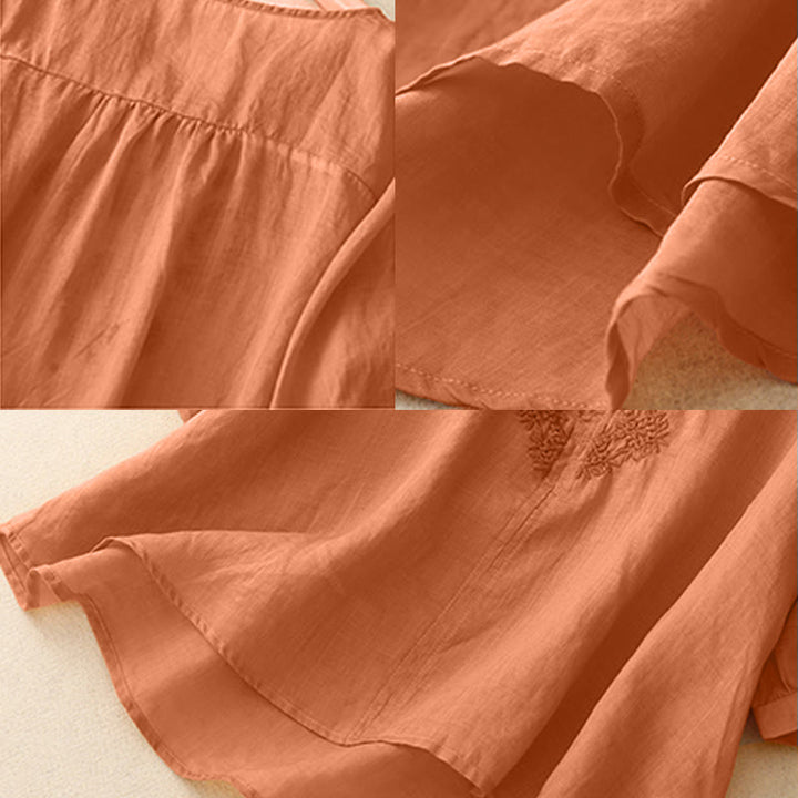 Buddha Stones V-Ausschnitt Linien Stickerei Damen Halbarm Shirt - image 8
