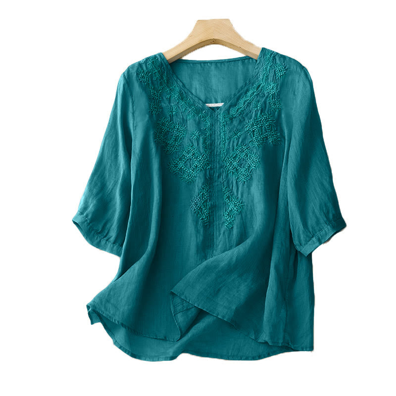 Buddha Stones V-Ausschnitt Linien Stickerei Damen Halbarm Shirt - image 5
