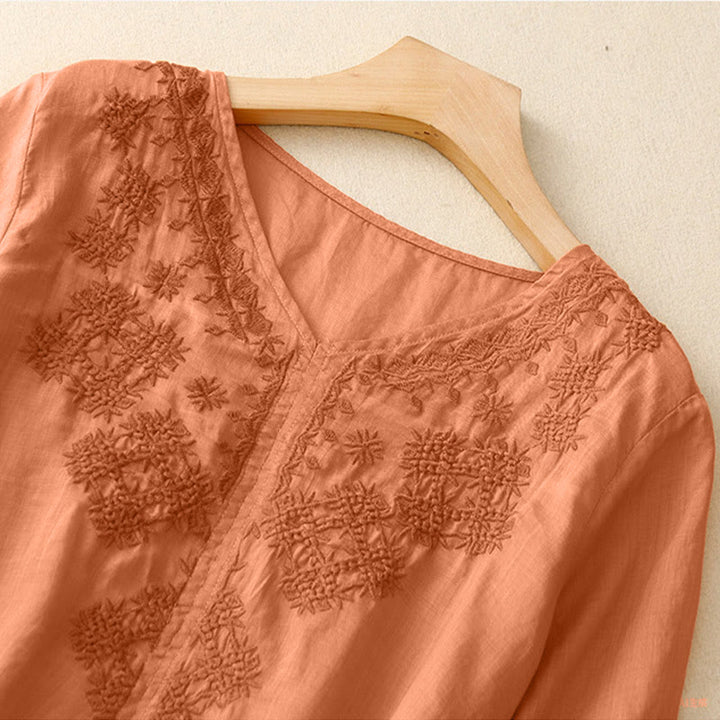 Buddha Stones V-Ausschnitt Linien Stickerei Damen Halbarm Shirt - image 11