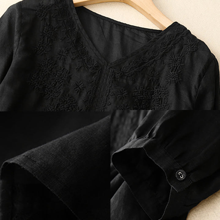 Buddha Stones V-Ausschnitt Linien Stickerei Damen Halbarm Shirt - image 13