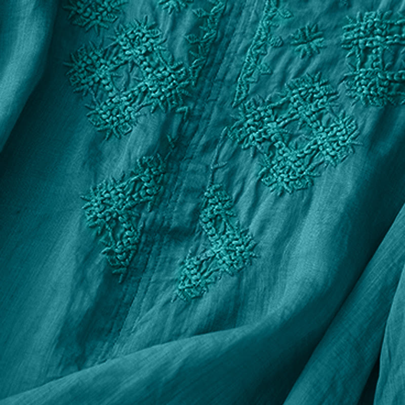 Buddha Stones V-Ausschnitt Linien Stickerei Damen Halbarm Shirt - image 3