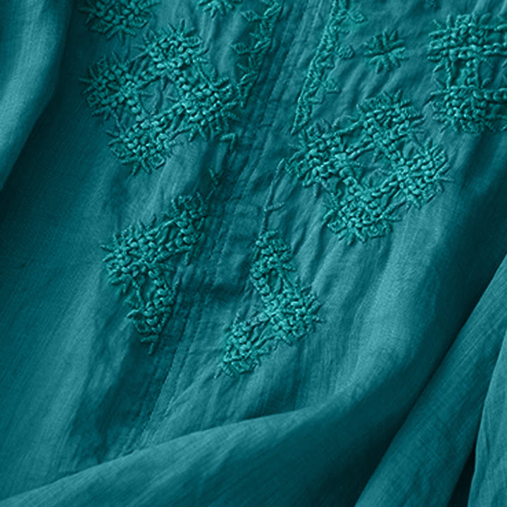 Buddha Stones V-Ausschnitt Linien Stickerei Damen Halbarm Shirt - image 3