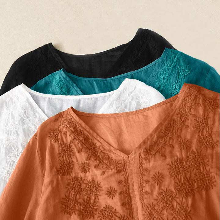 Buddha Stones V-Ausschnitt Linien Stickerei Damen Halbarm Shirt - image 21