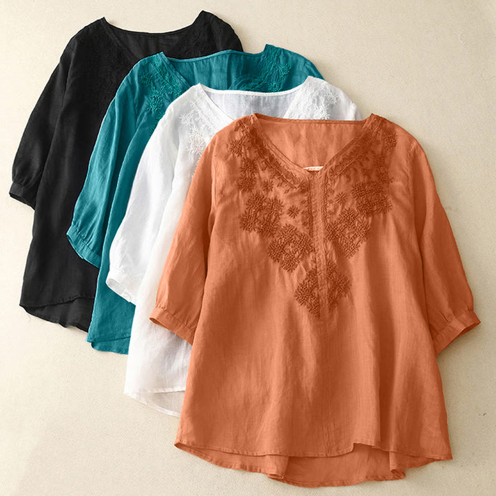 Buddha Stones V-Ausschnitt Linien Stickerei Damen Halbarm Shirt - image 20