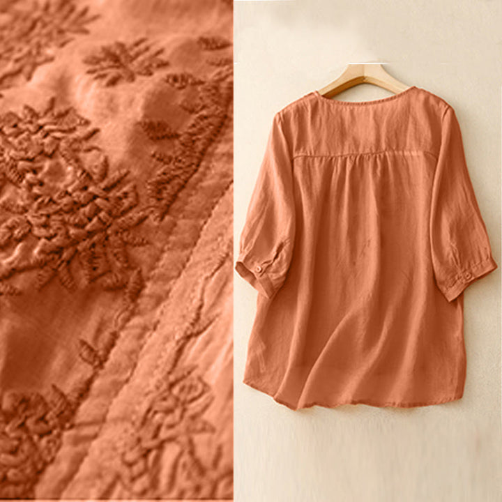 Buddha Stones V-Ausschnitt Linien Stickerei Damen Halbarm Shirt - image 10