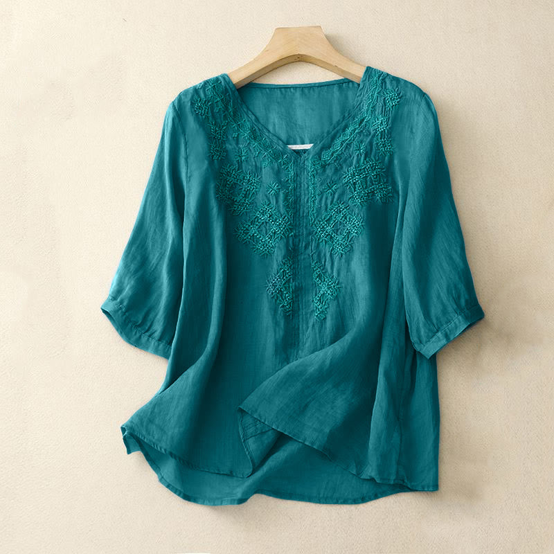 Buddha Stones V-Ausschnitt Linien Stickerei Damen Halbarm Shirt - Dunkeltürkis - US12， UK/AU16，EU44 (2XL) - image 1