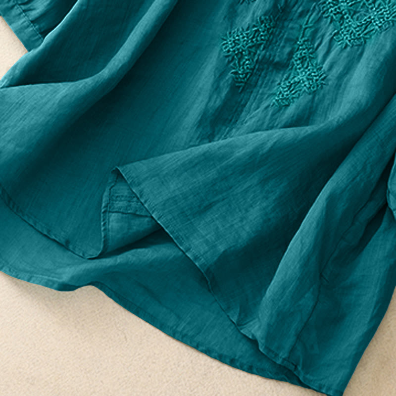 Buddha Stones V-Ausschnitt Linien Stickerei Damen Halbarm Shirt - image 4