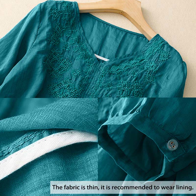 Buddha Stones V-Ausschnitt Linien Stickerei Damen Halbarm Shirt - image 1