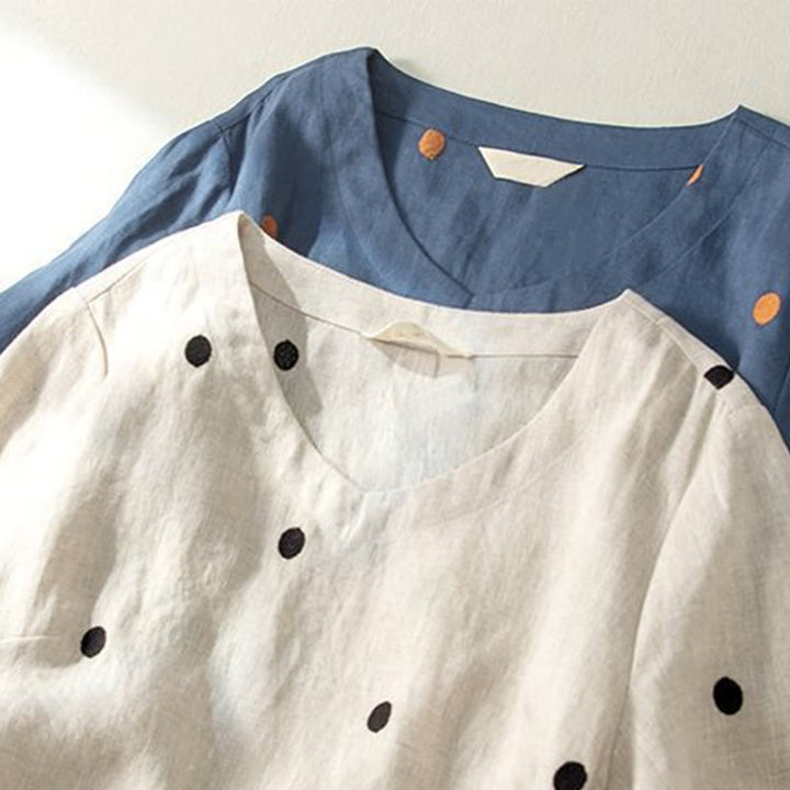 Buddha Stones Lässiges Damen-Midikleid mit Punktmuster, kurzen Ärmeln, Schnürung, Baumwolle und Leinen, mit Taschen - image 12