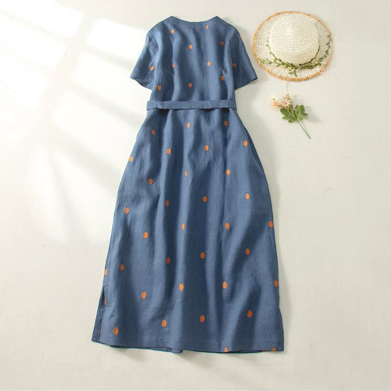Buddha Stones Lässiges Damen-Midikleid mit Punktmuster, kurzen Ärmeln, Schnürung, Baumwolle und Leinen, mit Taschen - image 1