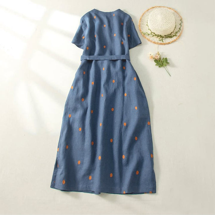 Buddha Stones Lässiges Damen-Midikleid mit Punktmuster, kurzen Ärmeln, Schnürung, Baumwolle und Leinen, mit Taschen - image 1