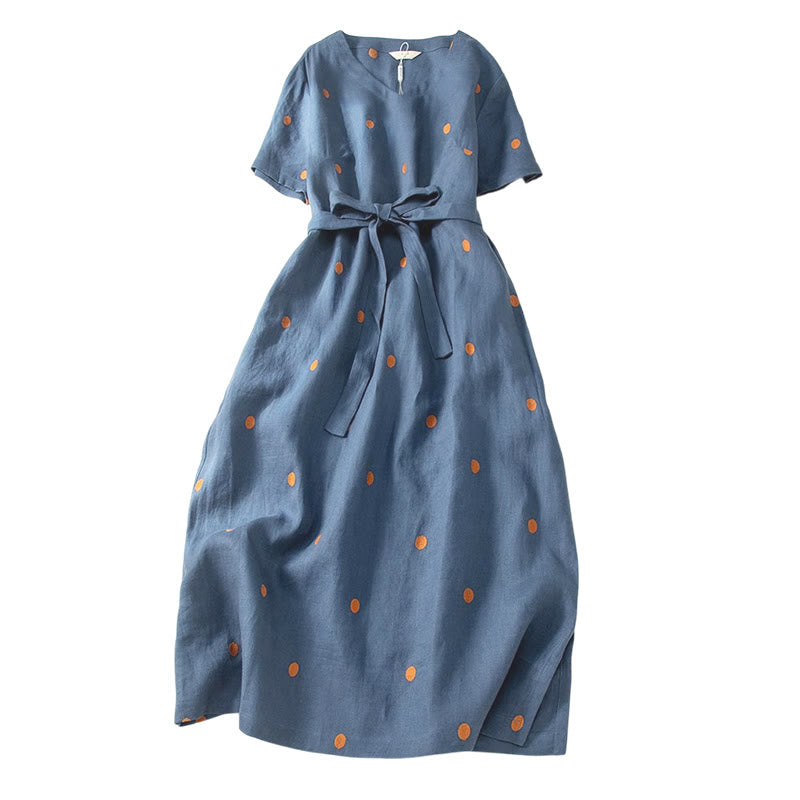 Buddha Stones Lässiges Damen-Midikleid mit Punktmuster, kurzen Ärmeln, Schnürung und Taschen - image 6
