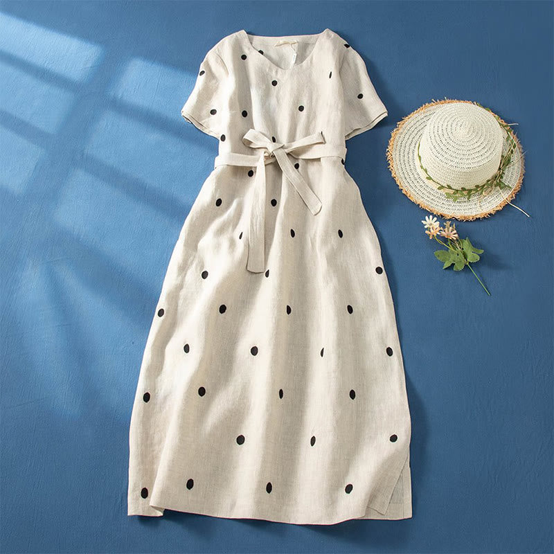 Buddha Stones Lässiges Damen-Midikleid mit Punktmuster, kurzen Ärmeln, Schnürung, Baumwolle und Leinen, mit Taschen - Beige - US8-10， UK/AU12-14，EU40-42 (2XL) - image 7