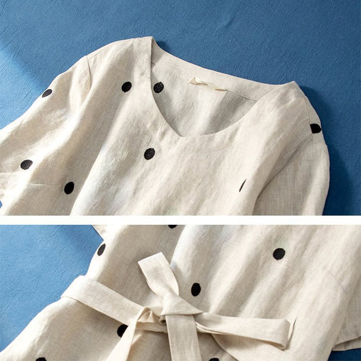 Buddha Stones Lässiges Damen-Midikleid mit Punktmuster, kurzen Ärmeln, Schnürung, Baumwolle und Leinen, mit Taschen - image 8