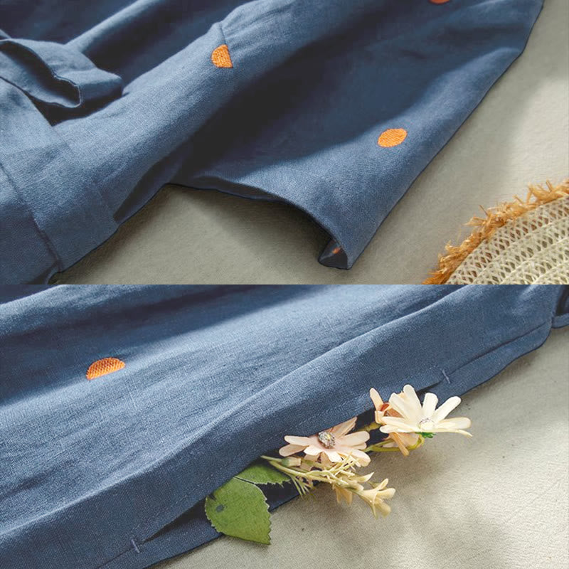 Buddha Stones Lässiges Damen-Midikleid mit Punktmuster, kurzen Ärmeln, Schnürung, Baumwolle und Leinen, mit Taschen - image 5