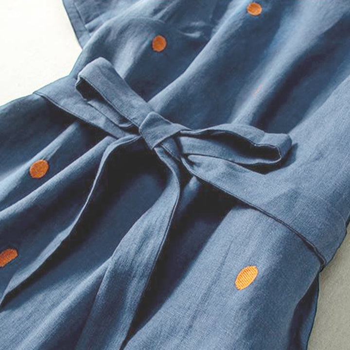 Buddha Stones Lässiges Damen-Midikleid mit Punktmuster, kurzen Ärmeln, Schnürung, Baumwolle und Leinen, mit Taschen - image 2