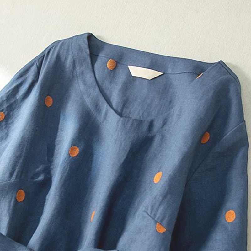 Buddha Stones Lässiges Damen-Midikleid mit Punktmuster, kurzen Ärmeln, Schnürung, Baumwolle und Leinen, mit Taschen - image 4