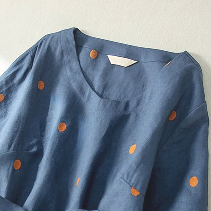 Buddha Stones Lässiges Damen-Midikleid mit Punktmuster, kurzen Ärmeln, Schnürung, Baumwolle und Leinen, mit Taschen - image 4