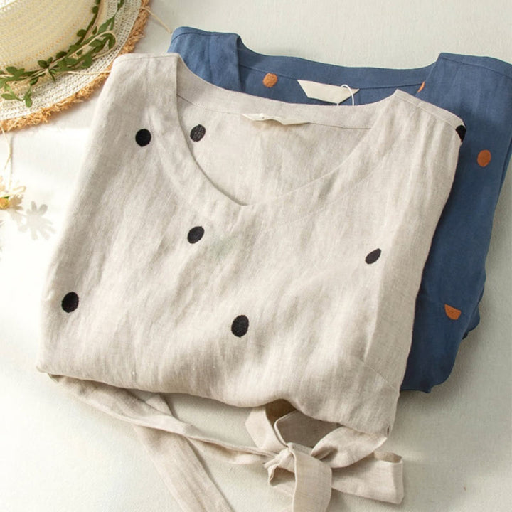 Buddha Stones Lässiges Damen-Midikleid mit Punktmuster, kurzen Ärmeln, Schnürung, Baumwolle und Leinen, mit Taschen - image 11